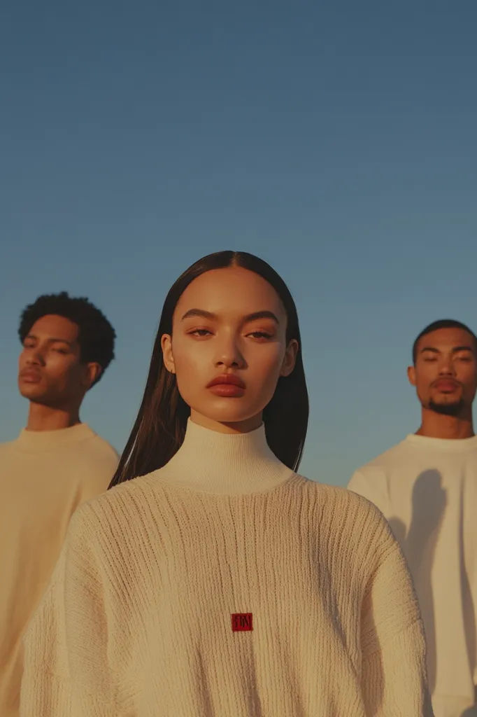 A young woman with long dark hair stands in the center, wearing a cream-colored turtleneck sweater.  Two other individuals, a man on either side, are slightly out of focus in the background, also wearing light-colored clothing.  The setting appears to be outdoors under a clear, bright sky. The overall mood is serene and minimalist.
