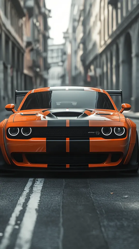 A vibrant orange Dodge Challenger Hellcat Redeye, modified with black racing stripes, dominates the foreground.  Its aggressive front end and sleek design are highlighted against a blurred backdrop of a city street. The focus is sharply on the car, emphasizing its powerful stance and custom modifications. The overall mood is one of speed and high-performance.