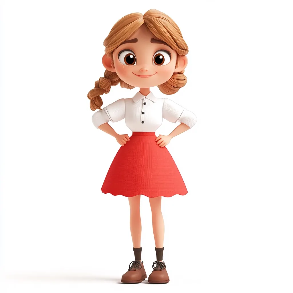 A charming 3D cartoon girl with light brown hair styled in a braid stands confidently, hands on hips.  She's dressed in a white collared shirt and a vibrant red skirt, complemented by brown shoes and socks. Her large, expressive eyes and friendly smile create a cheerful and approachable demeanor. The character's design is clean and appealing, suitable for children's media.