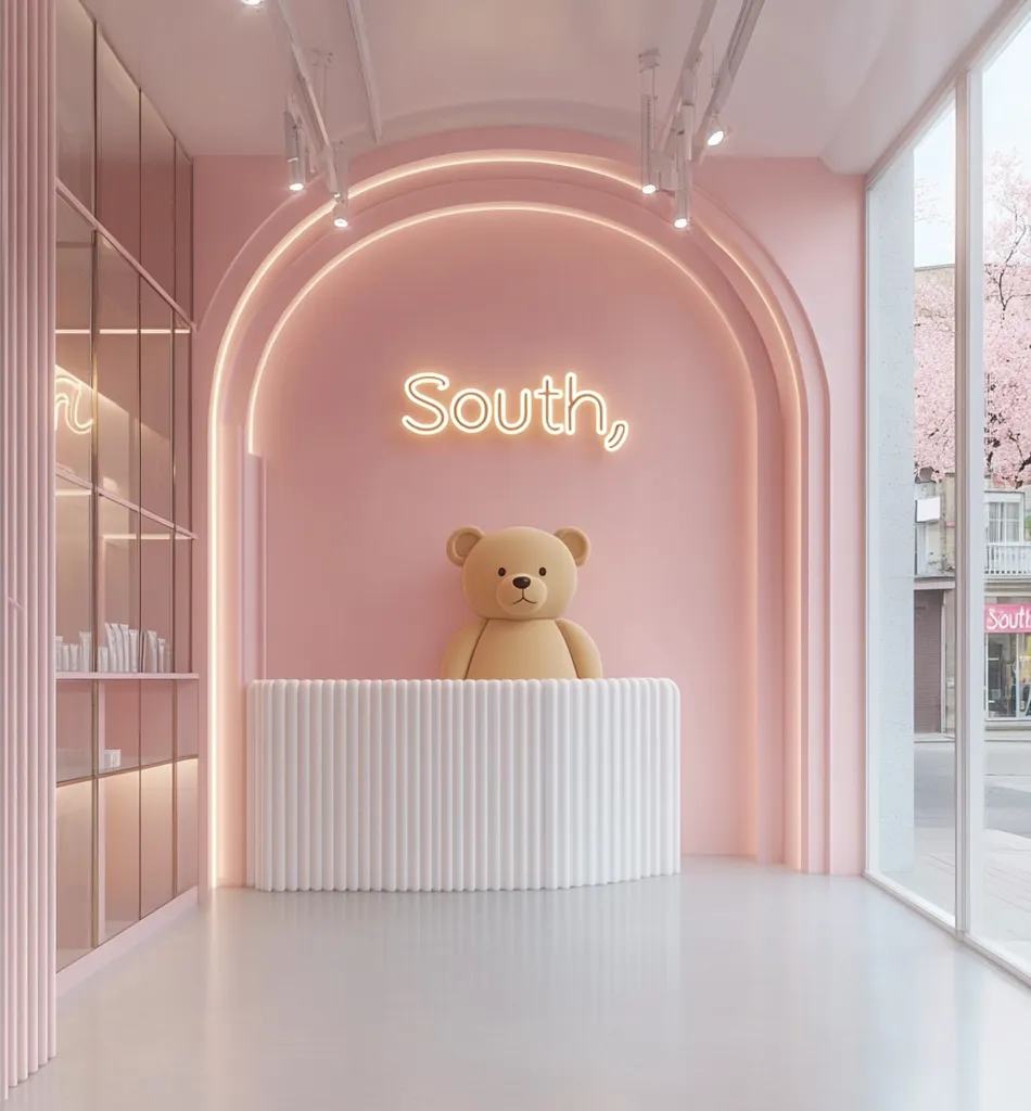 A pastel pink reception area features a curved white counter with fluted detailing.  A large teddy bear sits atop the counter.  A neon "South," sign hangs on the wall above.  The room is accented with arched alcoves and large glass display shelving.  A view of a city street is visible through a large window. The overall aesthetic is clean, modern, and playful.