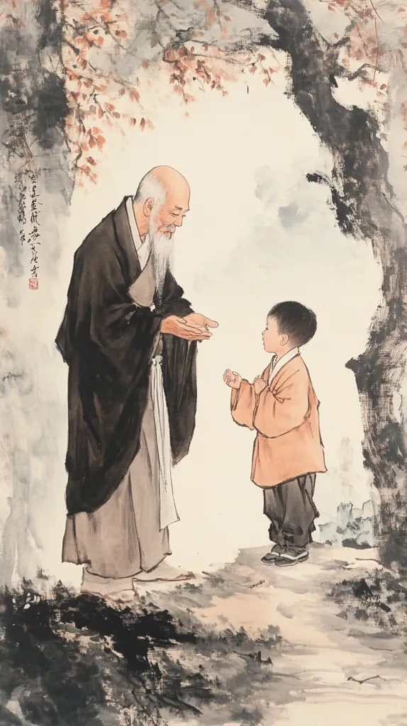An East Asian ink painting depicts an elderly, bearded man in flowing robes, slightly bowed, interacting with a small child in traditional clothing. The child appears to be offering something to the man.  The scene is set under a tree with sparse, delicate branches, suggesting a serene, possibly spiritual, moment. The style is evocative of classical Chinese or Japanese painting.
