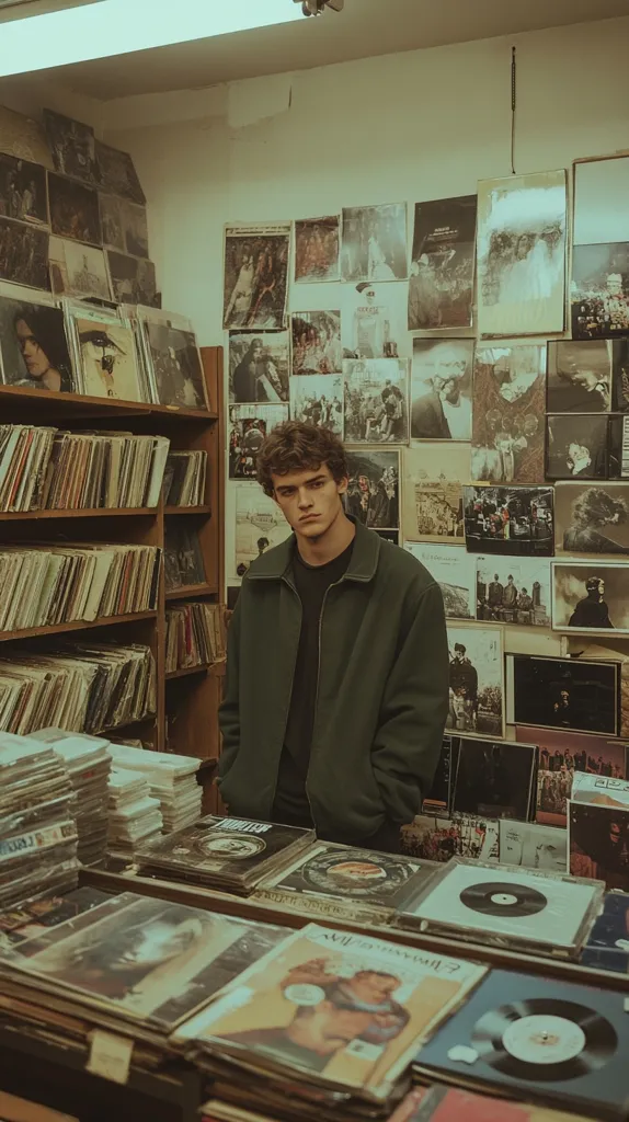 A young man with curly brown hair stands in a vintage record store, surrounded by stacks of vinyl records and framed photographs covering the walls.  He's wearing a dark green jacket, looking directly at the camera with a neutral expression. The store's atmosphere is nostalgic and dimly lit, filled with a collection of music and memorabilia, suggesting a love for classic albums and a bygone era.