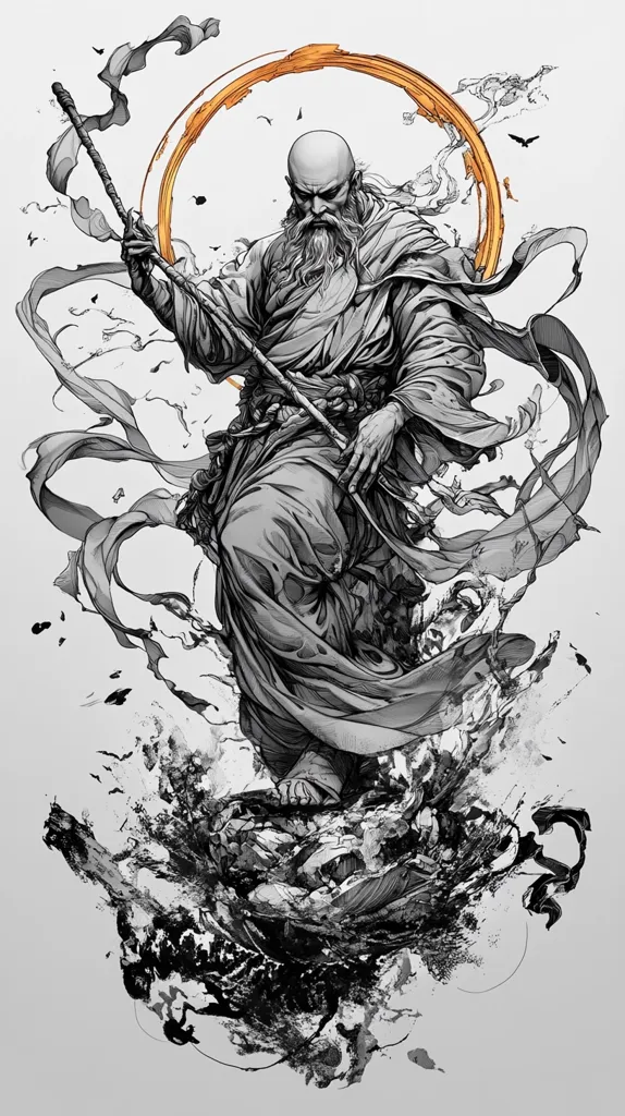 A monochromatic illustration depicts a bald, bearded man, possibly a monk or sage, in flowing robes. He wields a staff, his figure dynamic amidst swirling fabric and ink-splattered textures.  A golden halo-like circle frames his head, adding to the mystical ambiance. The style suggests a blend of traditional Eastern art and contemporary expressionism. The overall impression is one of power and spiritual depth.