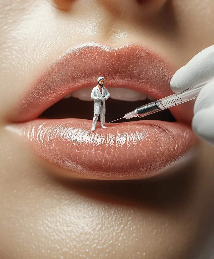 A miniature doctor injects a syringe into a woman's full lips.  The image uses a surreal scale to depict a lip injection procedure. The doctor is small in comparison to the woman's lip, creating a striking visual contrast. The scene highlights the detail and precision involved in cosmetic procedures.