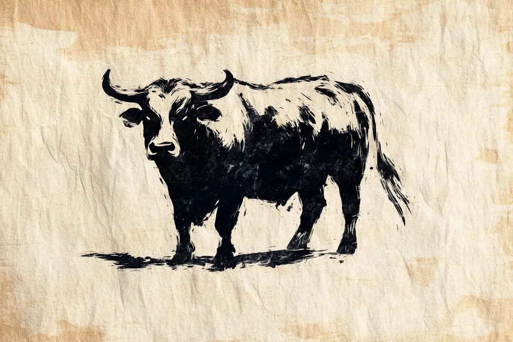 A stylized black ink drawing of a bull is presented against a textured, off-white background resembling aged parchment. The bull is depicted in a standing position, its form rendered with bold, expressive brushstrokes.  The image evokes a rustic, possibly vintage feel, suggestive of a woodcut or linocut print.  The background's texture adds to the overall aged and artistic impression.