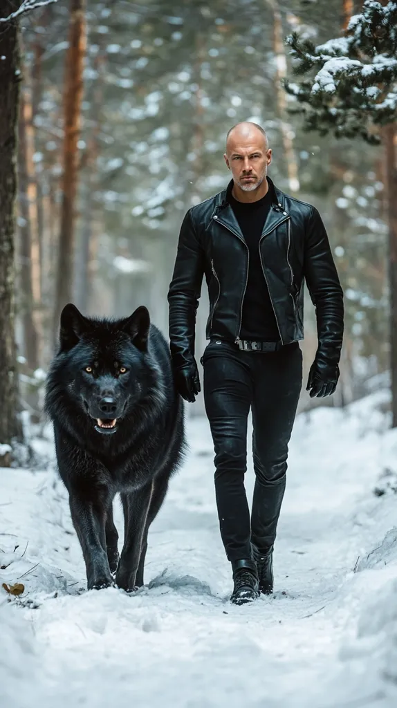 A bald, muscular man in a black leather jacket and pants walks through a snowy forest.  A large, black wolf calmly walks beside him.  The man's serious expression and the wolf's presence create a dramatic and powerful image, suggesting a connection between man and animal in a wild, winter setting. The scene is stark and evocative.