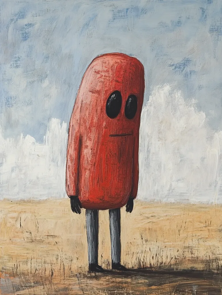A whimsical painting depicts a red, humanoid figure with large, dark eyes standing in a desolate, tan field under a pale blue sky.  The figure's simple form and somber expression evoke a sense of loneliness or contemplation. The textured brushstrokes contribute to the artwork's slightly melancholic mood.  The overall style is naive and childlike, yet emotionally resonant.