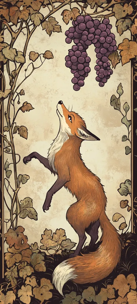 A stylized illustration of a red fox standing on its hind legs, reaching towards a bunch of dark purple grapes hanging from a vine.  The artwork is framed by an ornate border of leaves and vines in autumnal colors, creating a vintage, Art Nouveau aesthetic. The background is a muted beige, contrasting with the vibrant fox and grapes. The overall style is detailed and reminiscent of botanical illustrations.