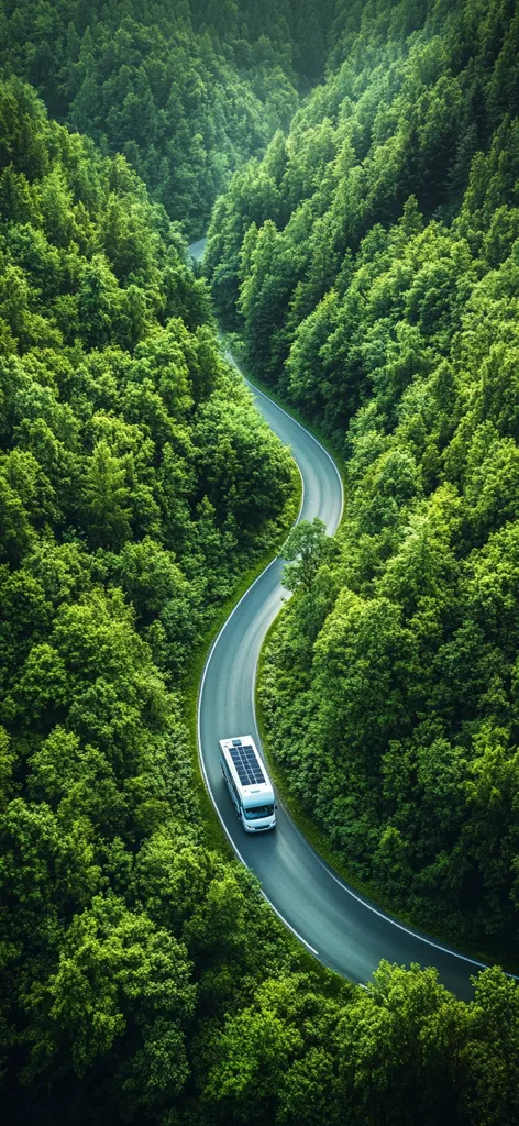 An aerial view shows a white camper van with solar panels on its roof driving along a winding road through a lush green forest. The road curves gently through the dense trees, creating a scenic and peaceful atmosphere. The vibrant green foliage contrasts beautifully with the white vehicle, emphasizing the natural beauty of the surroundings.  The image suggests a journey through nature, possibly highlighting sustainable travel.