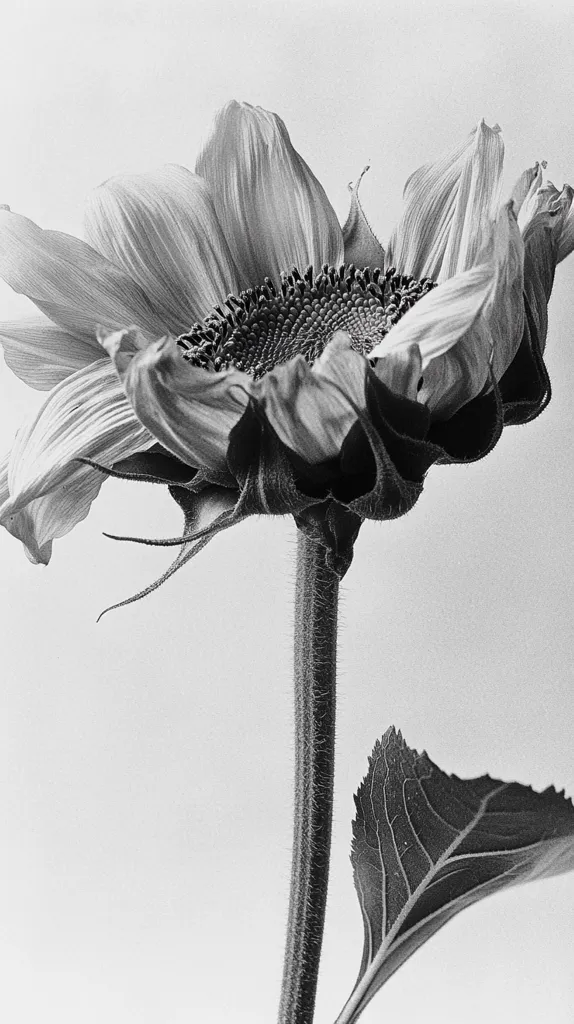 A black and white close-up photograph of a sunflower. The sunflower is shown from below, its petals drooping slightly. The texture of the petals and stem are clearly visible. A single leaf is visible at the bottom of the image. The background is a plain light gray. The overall impression is one of elegance and simplicity.