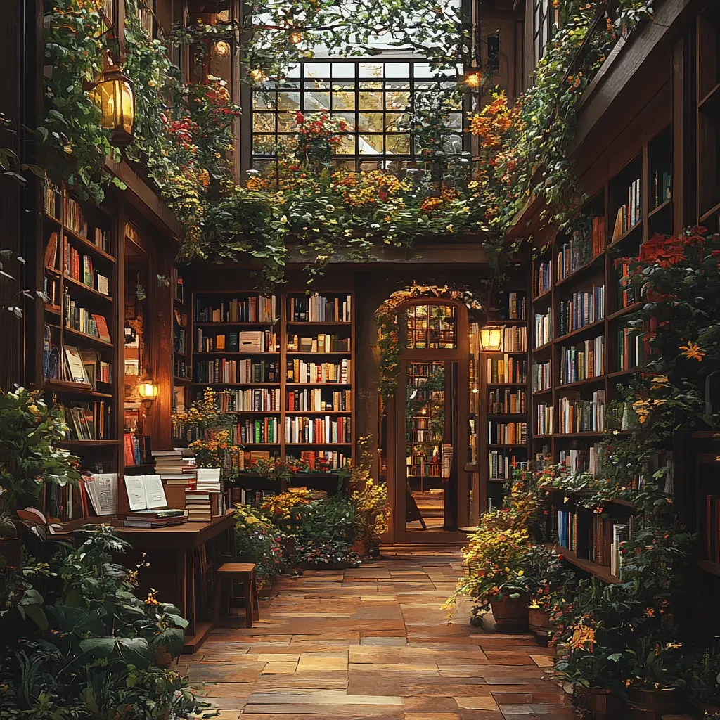 A sunlit indoor atrium library is filled with lush greenery and overflowing bookshelves.  Plants cascade from the ceiling and line the walls, creating a verdant oasis amidst towering books.  Warm lighting casts a cozy glow, emphasizing the rich wood and the abundance of literature.  The stone floor adds a touch of rustic elegance to this enchanting space.