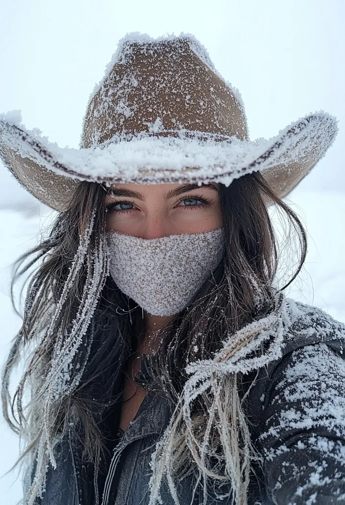 A woman with long, dark hair covered in frost wears a snow-dusted brown cowboy hat and a grey face mask.  Her hair and clothing are heavily coated in ice crystals, suggesting extremely cold weather.  Her eyes are visible above the mask, conveying a sense of resilience and determination in the harsh winter conditions.  The overall image evokes a feeling of rugged beauty and cold weather endurance.