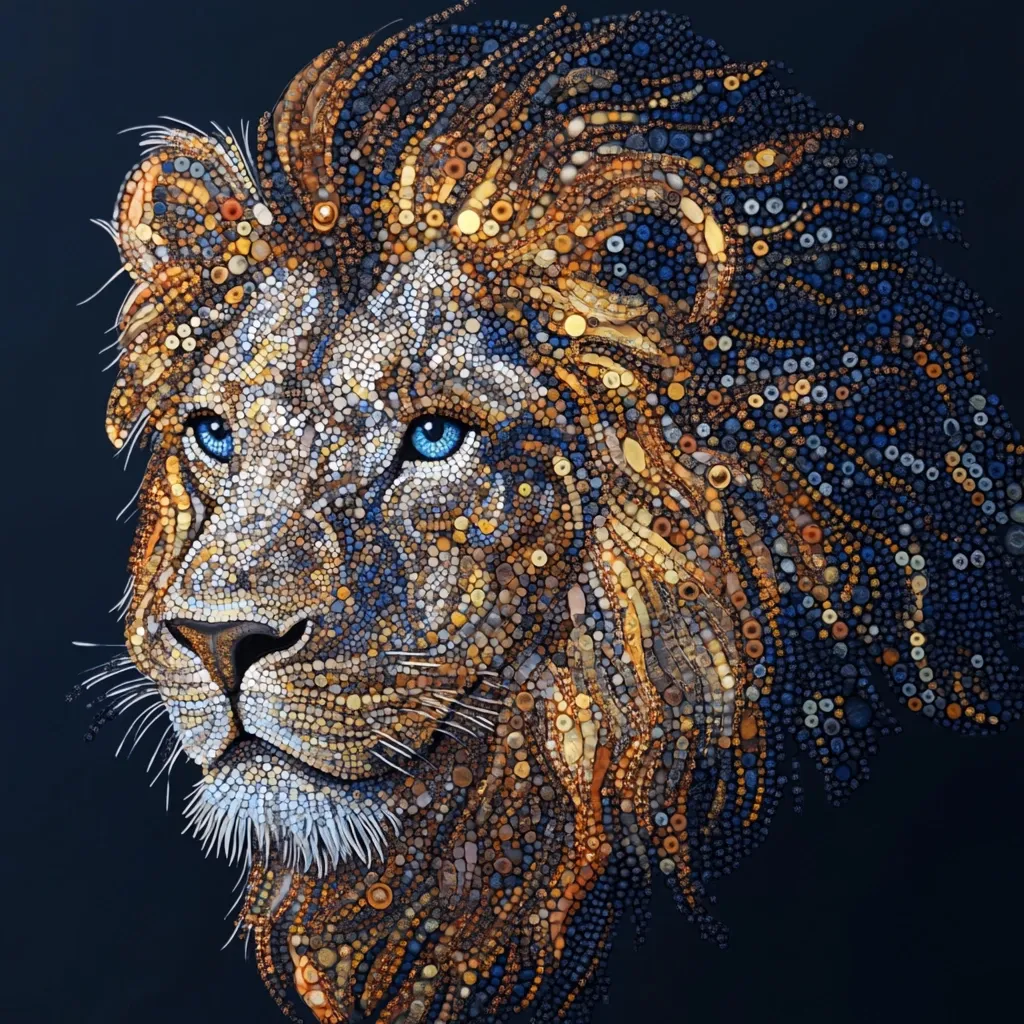 A majestic lion's head is depicted in a stunning mosaic artwork.  The artist uses a myriad of small, round elements in shades of gold, brown, and blue to create the lion's textured mane and features.  The lion's piercing blue eyes stand out against the warm tones of its fur.  The piece is set against a dark background, enhancing the vibrant colors of the mosaic.  The intricate detail creates a realistic yet artistic representation of the powerful animal.