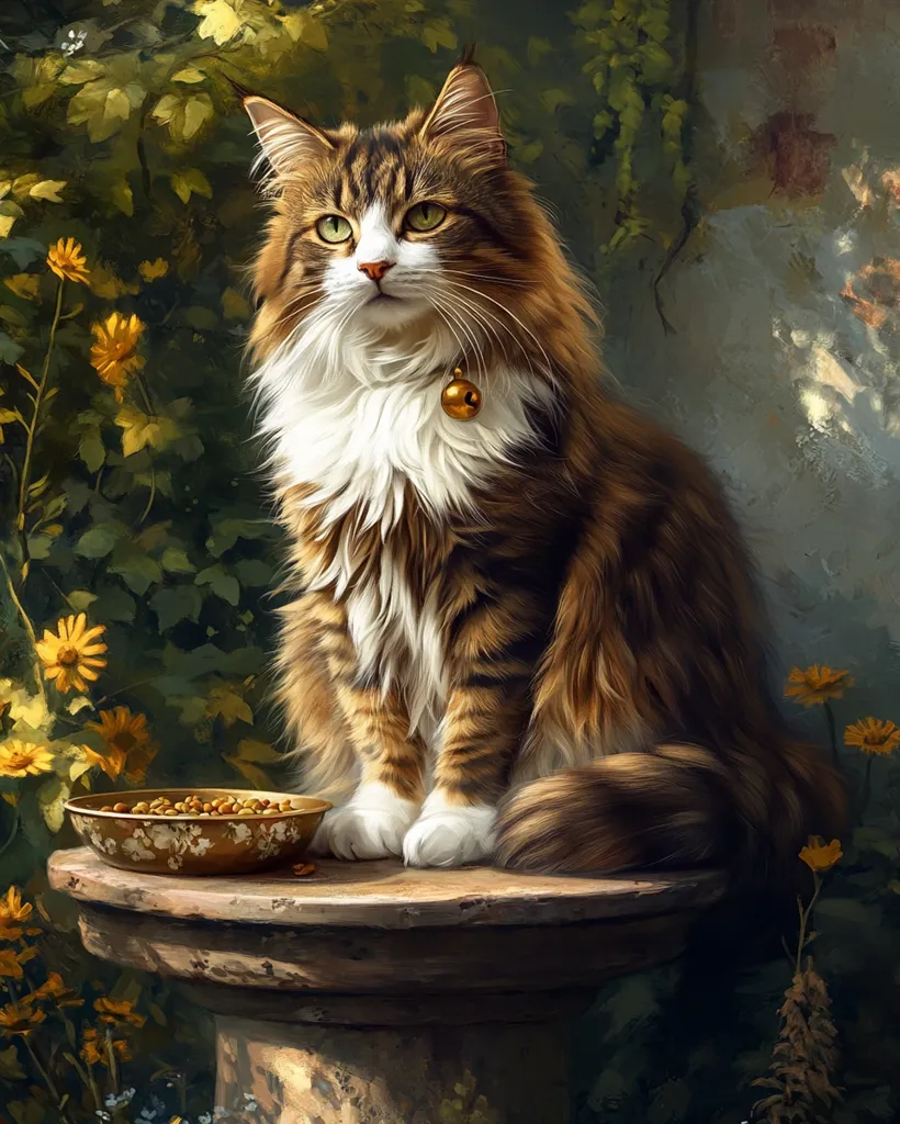 A majestic long-haired cat, predominantly brown and tan with white chest fur, sits regally on a stone pedestal.  It wears a small gold bell around its neck.  A bowl of pet food sits nearby.  The background features lush green foliage and yellow flowers, creating a serene, almost classical painting style.  The cat's gaze is direct and captivating.
