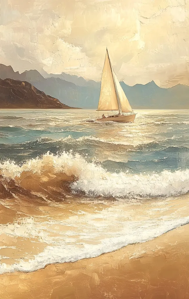 A sailboat glides across a tranquil sea, its white sails catching the soft light of a setting sun.  Gentle waves break on a golden sandy beach in the foreground.  Mountains rise majestically in the background, creating a serene and picturesque coastal scene. The painting's palette emphasizes warm, earthy tones, conveying a sense of calm and peace.
