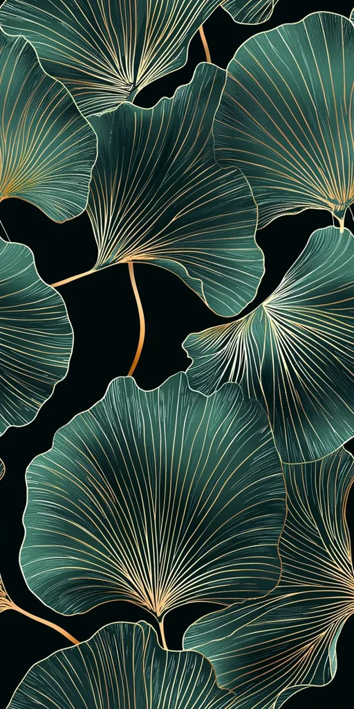 A stylized illustration showcases a collection of ginkgo biloba leaves.  Rendered in deep teal and accented with gold veining, the leaves overlap against a black background, creating a rich, luxurious texture. The intricate detail of the leaves' venation is highlighted, producing a visually striking and elegant botanical pattern. The image evokes a sense of calm and sophistication.