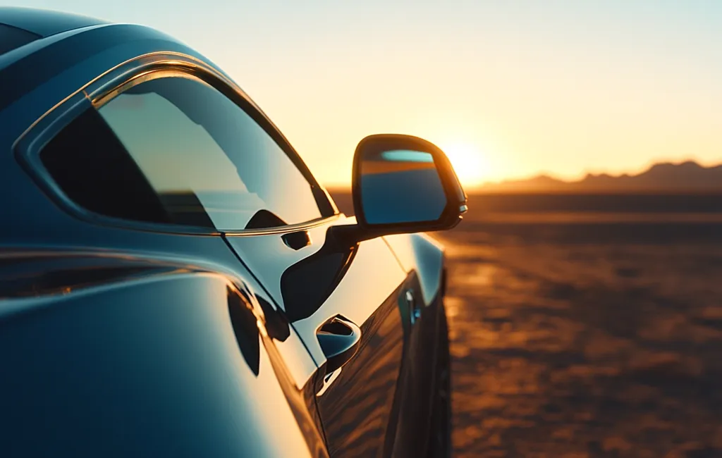 A sleek, dark-colored sports car is parked on a dusty road, bathed in the warm glow of a setting sun. The sun is visible in the distance, casting a golden hue over the landscape.  The car's side profile is highlighted, showcasing its smooth curves and reflective surface. The overall scene evokes a sense of freedom and adventure.