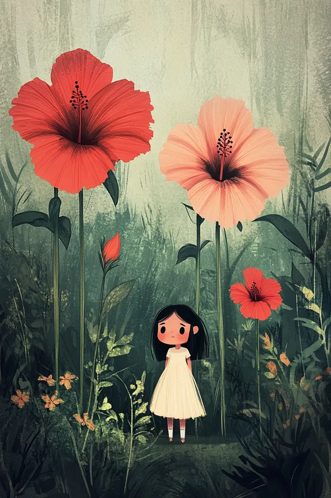 A charming illustration depicts a young girl in a white dress standing amidst oversized hibiscus flowers.  Two large blooms, one coral and one pale pink, dominate the scene, their stalks towering over the girl and the surrounding smaller flora. The style is whimsical and slightly surreal, with a muted color palette creating a serene and enchanting atmosphere within a lush, green garden.