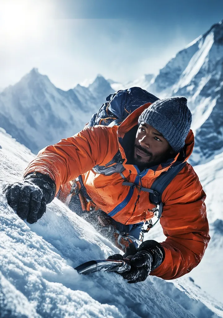 A male mountain climber ascends a snow-covered peak.  He's dressed in bright orange outerwear and a grey knit hat, his face determined as he grips the ice with specialized gloves and ice axe.  Towering snow-capped mountains form a dramatic backdrop under a bright, sunny sky.  The image emphasizes the climber's concentration and the challenging terrain.
