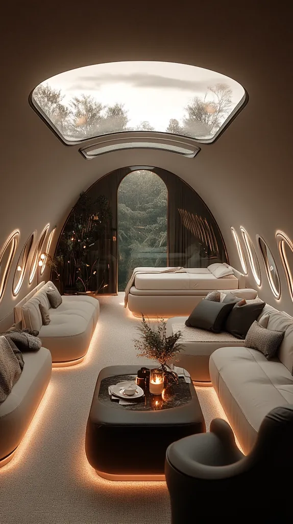 A luxurious, futuristic living space features curved walls, ambient lighting, and large windows offering a forest view.  Beige sofas and a low coffee table create a calm atmosphere.  A bed is situated in a recessed area, adding to the sense of privacy and tranquility.  The overall design evokes a sense of serene sophistication, blending natural elements with modern technology.