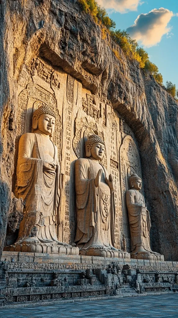 Three colossal Buddha statues are carved into a cliff face, their serene expressions gazing out from the rock.  Intricate carvings and inscriptions adorn the stone surrounding the figures.  The setting sun casts a warm glow on the ancient sculptures, highlighting the weathered texture of the rock.  The scene evokes a sense of history, spirituality, and the enduring power of nature and faith.