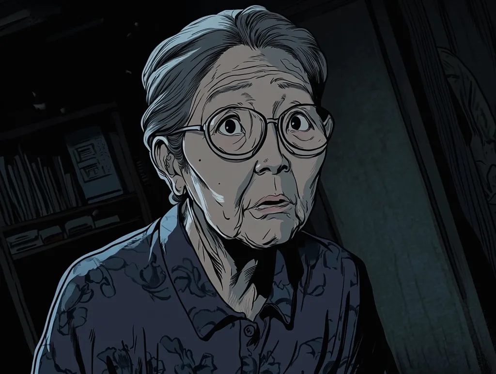 A close-up illustration depicts an elderly Asian woman with short gray hair, wearing glasses and a patterned shirt.  Her expression is one of surprise or apprehension, her eyes wide. She is situated in a dimly lit room, possibly a home, with a bookshelf visible in the background. The style is reminiscent of graphic novels or comic books, with bold outlines and shaded areas. The overall mood is somber and slightly mysterious.
