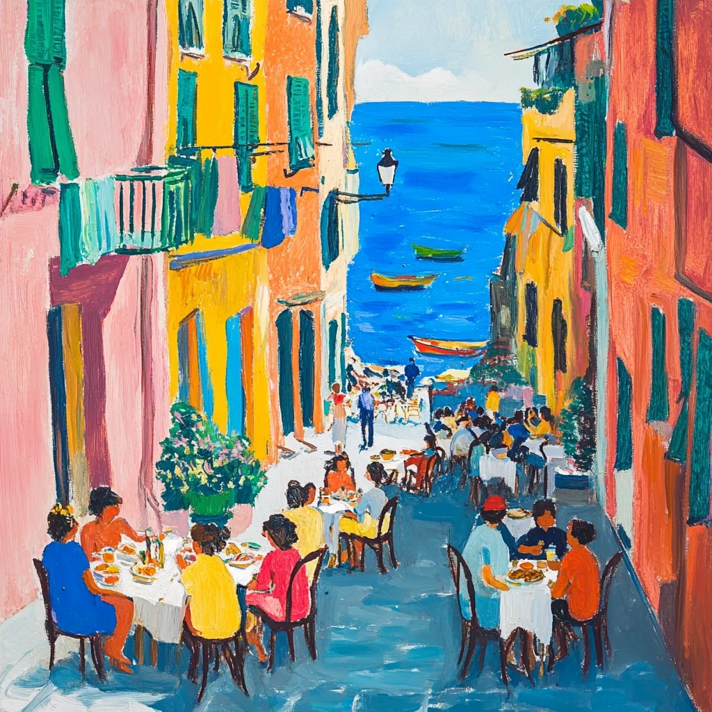 A vibrant, impressionistic painting depicts a narrow, sun-drenched street in a Mediterranean village.  Brightly colored buildings flank the alleyway, leading to a picturesque seaside view with boats bobbing on the azure water.  People are gathered at outdoor cafes, enjoying meals and conversations.  The artist uses bold brushstrokes and a lively color palette to capture the lively atmosphere of the coastal scene.  Laundry hangs from balconies, adding to the authentic feel.
