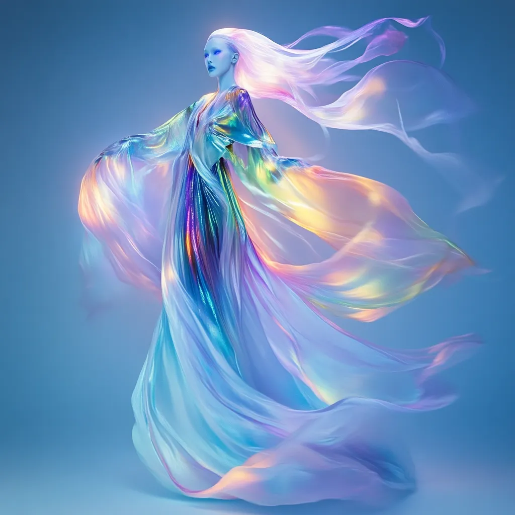 A digital artwork depicts a ethereal woman with pale blue skin and flowing, iridescent fabric that resembles a gown and a veil. The fabric billows dramatically, creating a sense of movement and lightness against a light blue background.  The woman's pose is elegant and graceful, enhancing the dreamlike quality of the piece. The overall effect is one of fantasy and beauty.