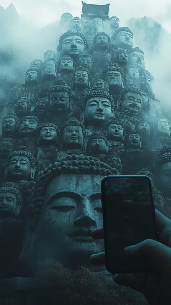 A hand holds a phone, capturing a breathtaking view of numerous weathered stone Buddha statues cascading down a misty mountainside.  The statues, varying in size, are densely packed, creating a visually stunning and serene scene.  A small temple is visible at the peak, adding to the mystical atmosphere. The overall color palette is muted and atmospheric, enhancing the contemplative mood.