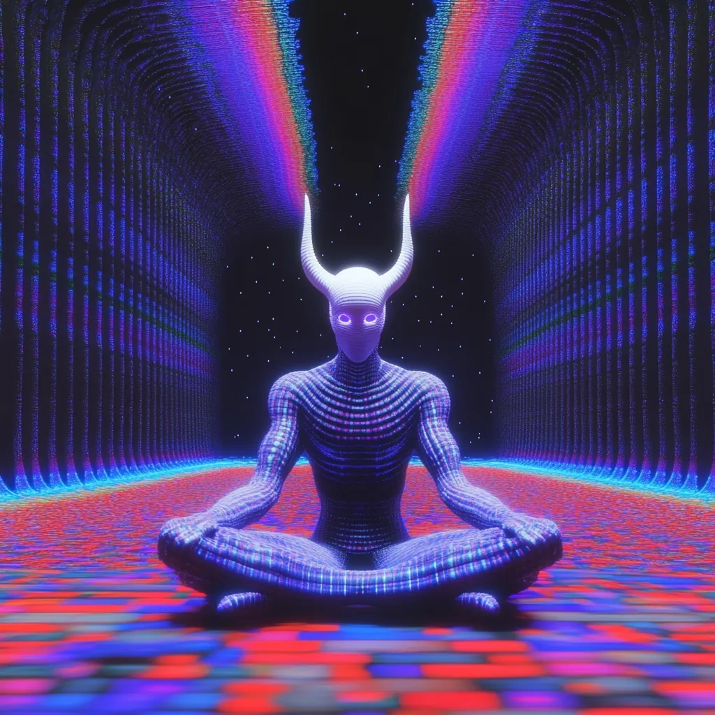 A digital rendering depicts a figure with horns and a mask, seated in a meditative pose within a vibrant, neon-lit, abstract corridor. The figure's body is composed of a grid-like pattern, glowing with iridescent hues.  The background features a tunnel-like structure with shimmering, multicolored walls, creating a surreal and otherworldly atmosphere. The overall style is reminiscent of synthwave or cyberpunk aesthetics.
