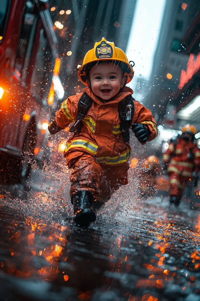 A cute baby, dressed in a miniature firefighter's uniform and helmet, joyfully runs through a rain-soaked city street.  Water splashes around him as he dashes past blurred lights and other firefighters in the background. The image is vibrant and dynamic, capturing a playful moment with a powerful visual effect.