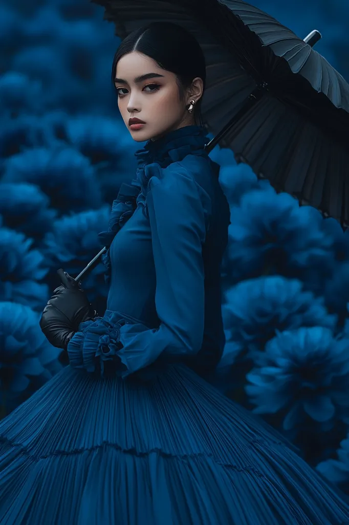 A young woman in a long, pleated blue Victorian-style gown stands amidst a field of blue flowers.  She holds a black parasol and wears black gloves. Her dark hair is pulled back, and she gazes directly at the viewer with a serious expression. The overall tone is dark and moody, emphasizing the rich blue hues of the dress and the flowers. The image has a dramatic and slightly melancholic atmosphere.