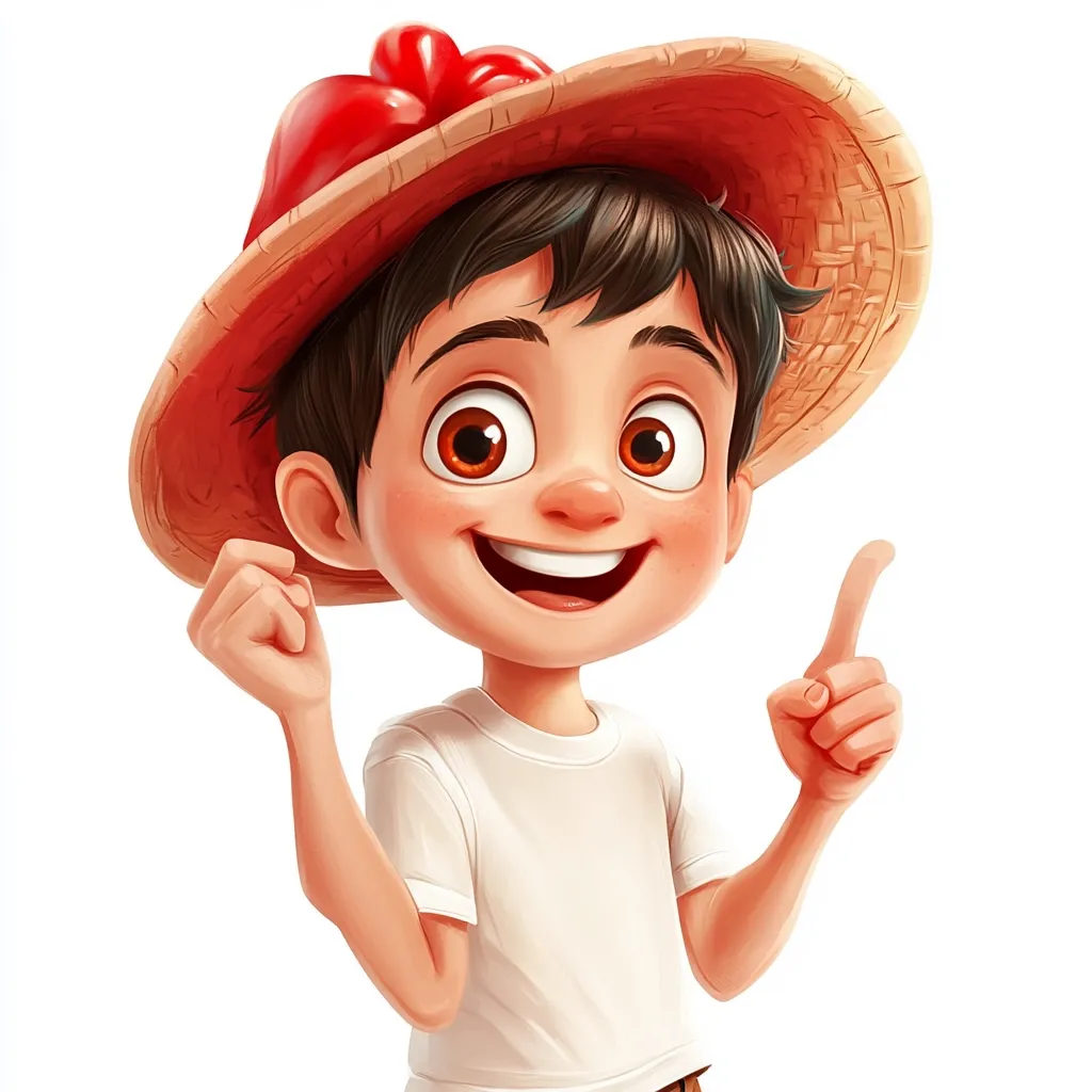 A cheerful cartoon boy with dark hair and big brown eyes smiles broadly. He wears a large, light brown straw hat adorned with a red, flower-like decoration, and a plain white t-shirt. One hand is clenched in a fist, the other points upward, suggesting excitement or an idea.  His expression is playful and engaging, showcasing a lively and friendly character.