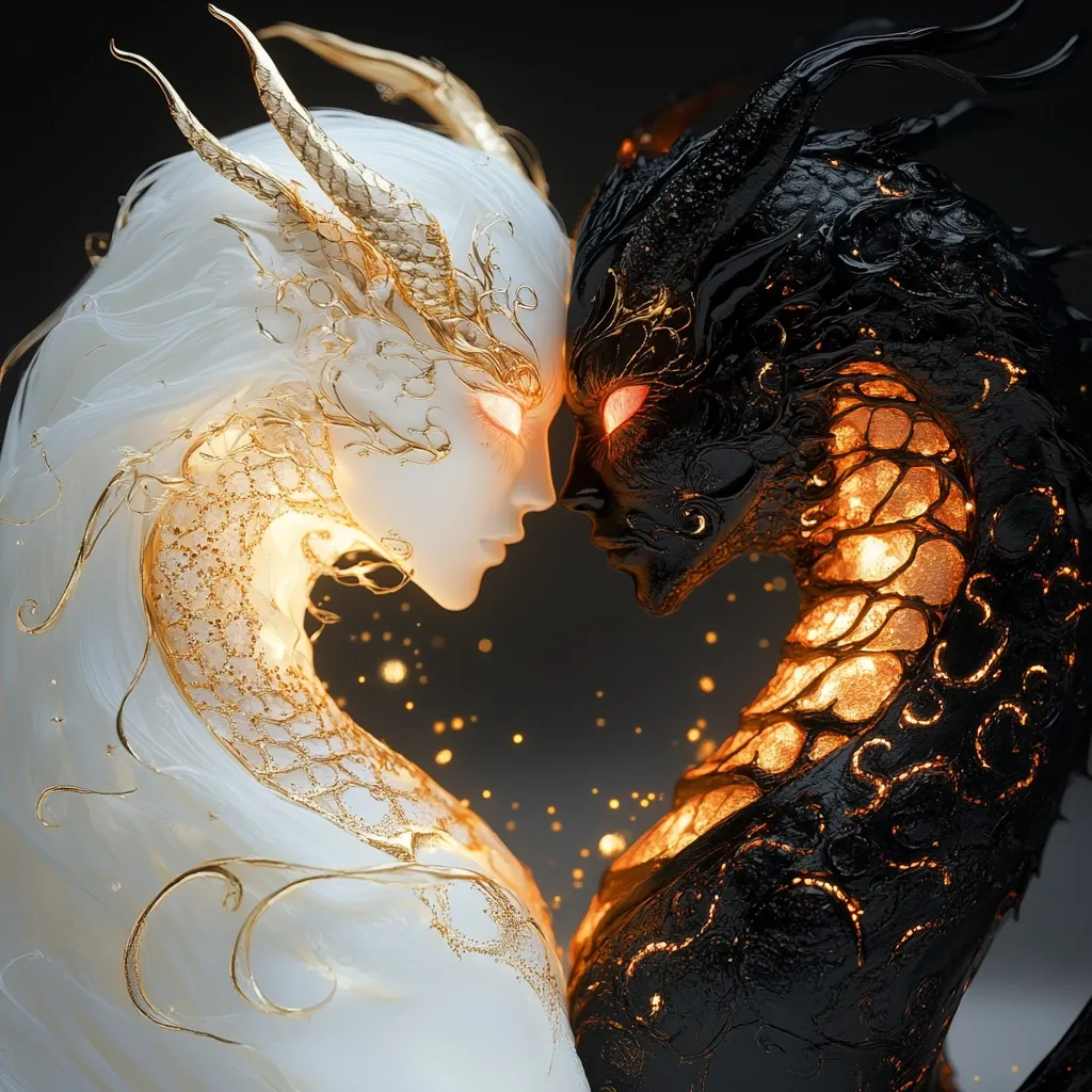 A digital artwork depicts two ethereal beings, one white and one black, facing each other.  Both figures are adorned with ornate, golden detailing resembling dragon scales and horns.  The white being exudes light, while the black one glows with internal embers.  They are positioned to form a heart shape, symbolizing a duality or balance between opposing forces. The background is dark, highlighting the luminous figures.
