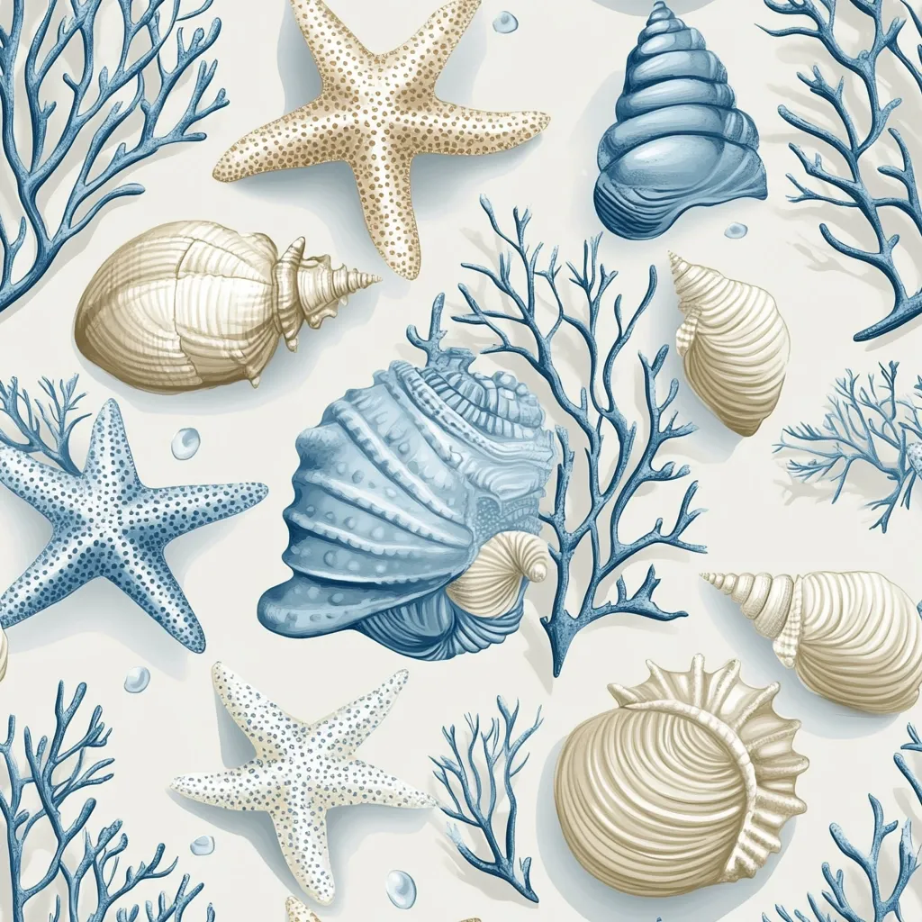 A seamless pattern featuring a delightful array of seashells and starfish in calming shades of blue and beige.  Intricate details are visible in the various shell types, from spiral conches to scallop-like forms.  Delicate blue coral branches are interspersed throughout, completing the tranquil underwater scene. The overall style is reminiscent of vintage botanical illustrations.