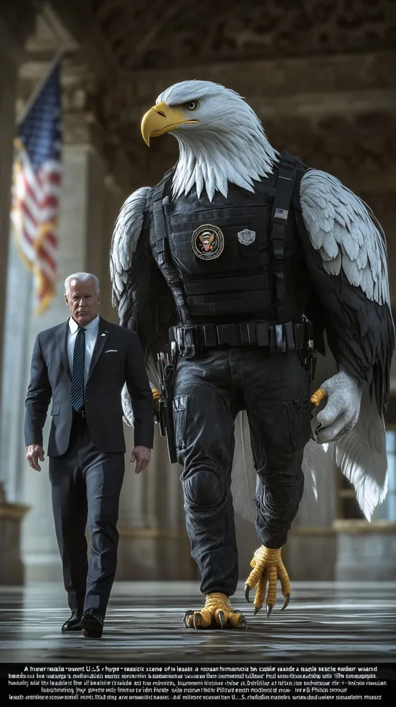 The image depicts a surreal scene of President Biden walking alongside a large, anthropomorphic eagle dressed in tactical gear. The eagle, seemingly a Secret Service agent, is highly detailed and realistic.  The setting appears to be in front of a government building, with an American flag partially visible in the background.  The juxtaposition creates a striking and thought-provoking image.