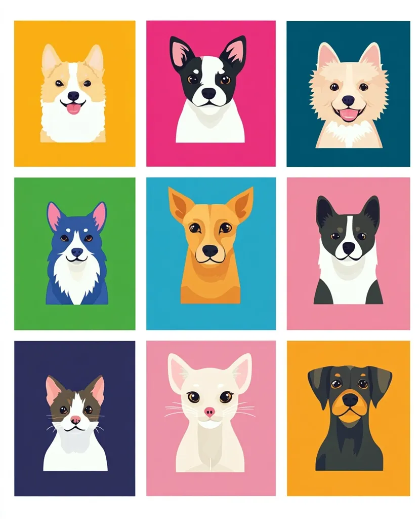 A colorful grid showcases nine adorable pet portraits.  Featured are various breeds of dogs, including Corgis, a Boston Terrier, and other distinct canine faces, along with two cats—one a calico and the other a white short-haired breed. Each pet is presented against a vibrant background, creating a cheerful and visually appealing collection.