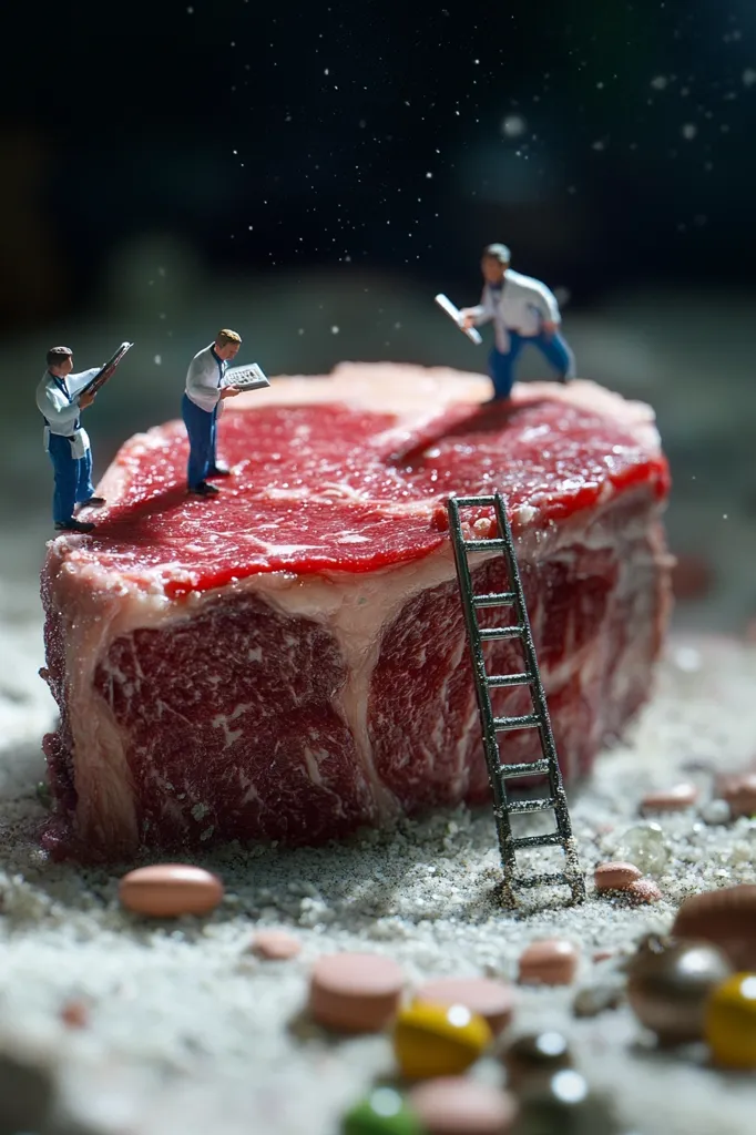 Miniature figures are positioned on a large, raw steak.  Two appear to be working, while another holds a tool. A small ladder leans against the steak, which sits on a surface sprinkled with what seems to be salt and pills. The scene is set against a dark background, creating a surreal and slightly unsettling juxtaposition.