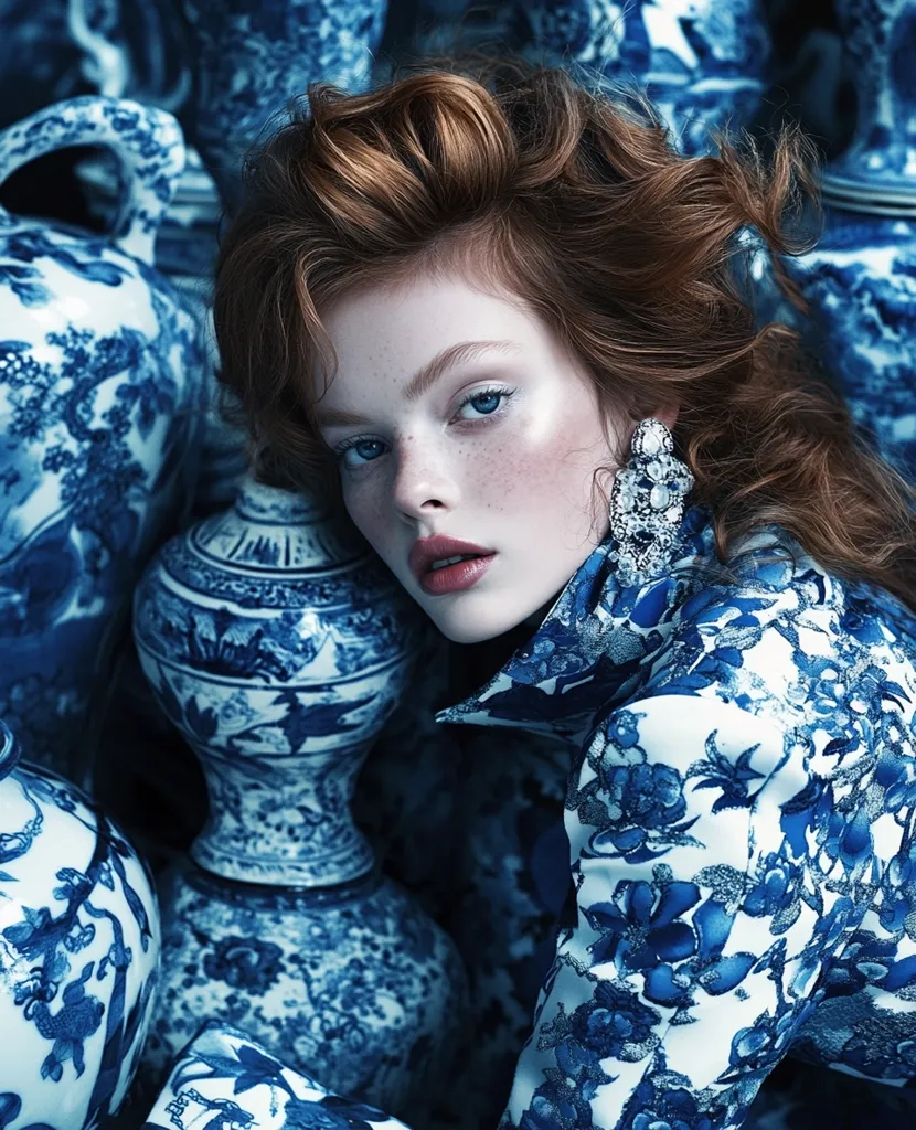 A young woman with vibrant red hair styled in voluminous curls rests amidst a collection of exquisite blue and white porcelain vases.  Her makeup is subtly glamorous, and she wears large, ornate earrings and a jacket patterned with a similar blue and white floral design as the vases.  The image evokes a sense of classic elegance and luxurious beauty.