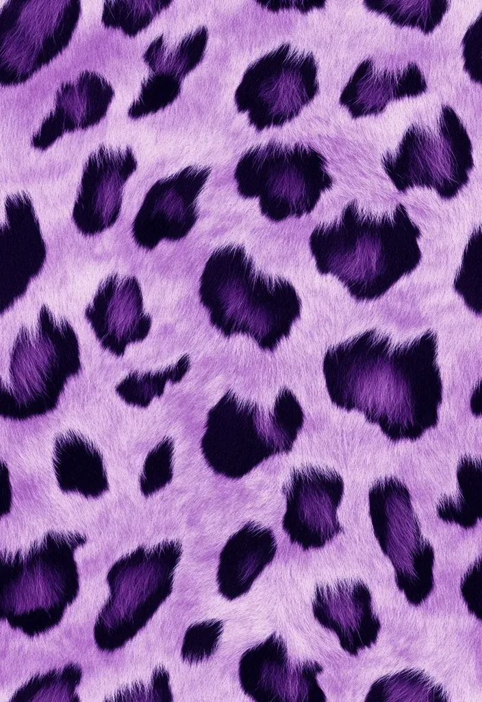 The image shows a seamless pattern of purple and dark purple leopard print on a fluffy texture.  The lighter purple forms the background, while darker purple spots are scattered across the surface, mimicking a fur or plush fabric. The spots vary slightly in size and shape, creating a realistic animal print effect.  The overall feel is soft and luxurious.