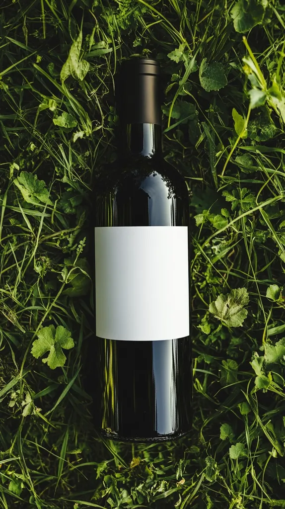 A dark glass bottle of wine rests nestled in vibrant green grass.  The bottle features a clean, blank white label, ideal for showcasing a wine brand or personal design. The surrounding foliage is lush and provides a natural, earthy backdrop, highlighting the wine's potential origin.  The image evokes a feeling of rustic charm and natural elegance.