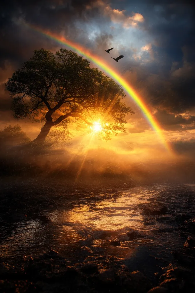 A vibrant rainbow arches over a serene landscape at sunset.  A lone tree stands silhouetted against the radiant sun, its branches reaching towards the colorful arc. Two birds fly gracefully across the rainbow.  A tranquil stream meanders through the foreground, reflecting the golden light. The scene evokes a sense of peace and wonder.