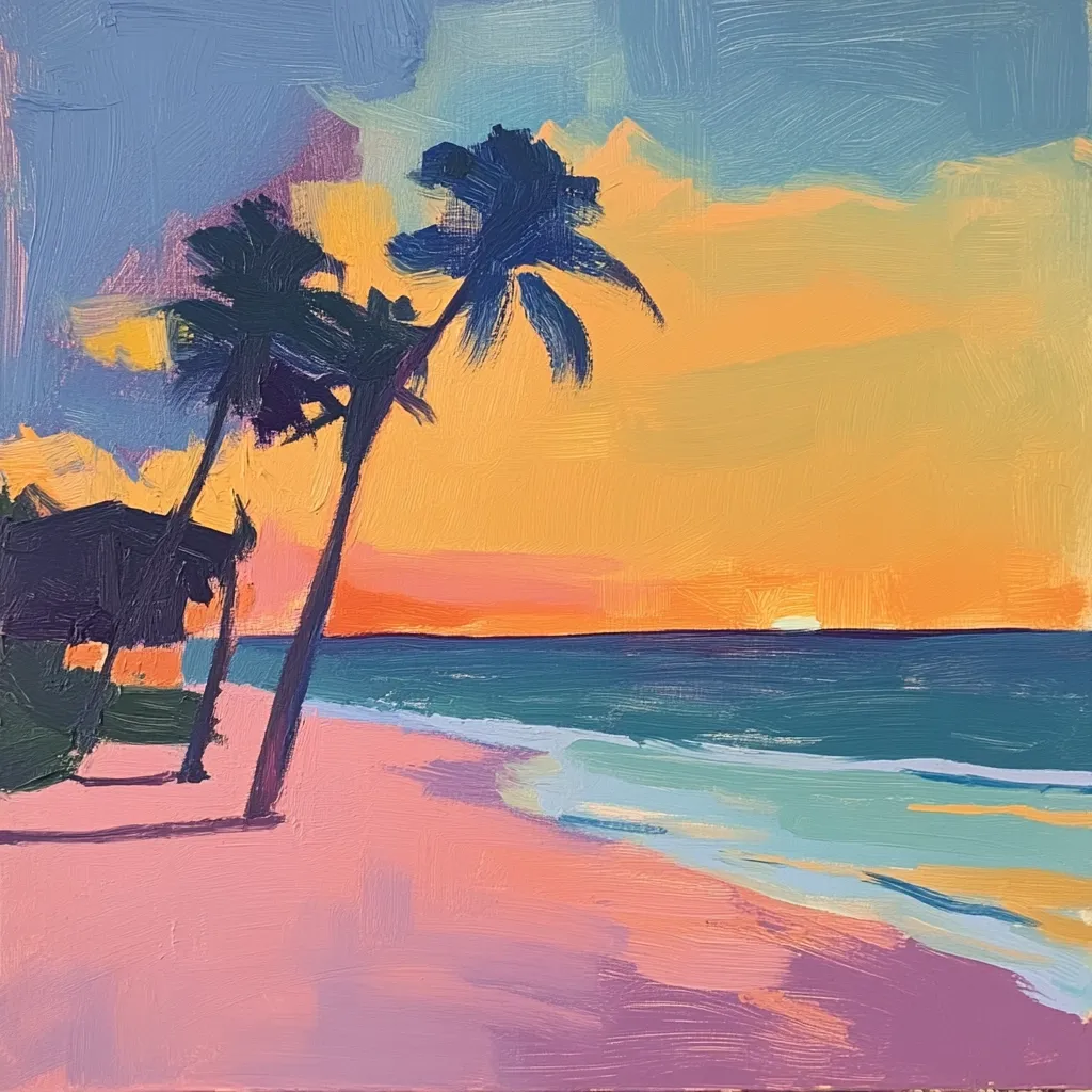 A vibrant sunset paints the sky in warm oranges and pinks, casting a soft glow over a tranquil beach scene. Two palm trees stand silhouetted against the colorful backdrop, their fronds gently swaying.  The ocean, a calming teal, meets the pink sand in a gentle wave.  A hint of a beach hut is visible in the left foreground, adding to the peaceful ambiance of this tropical paradise. The painting style is loose and expressive, focusing on color and texture.