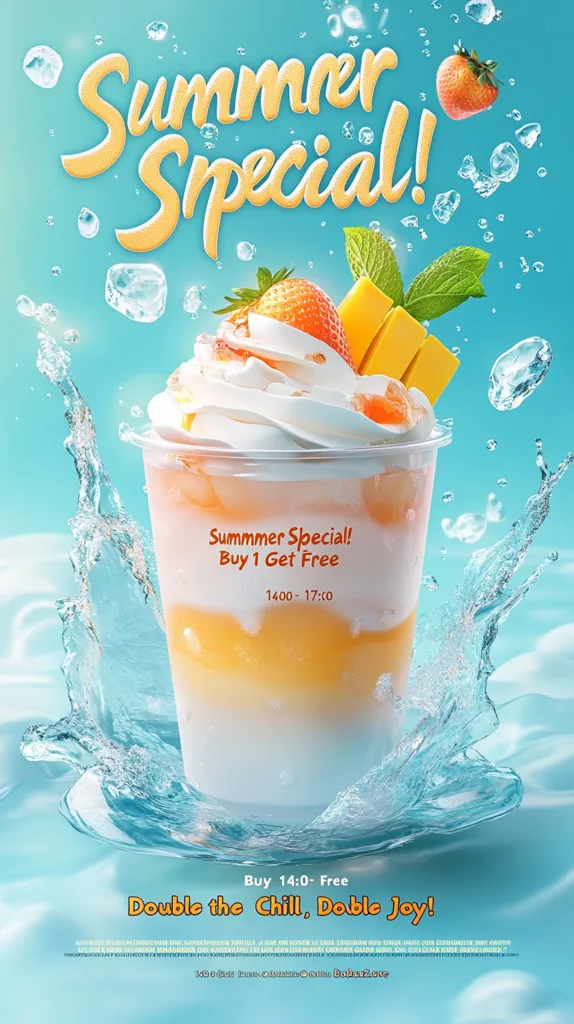 A refreshing summer beverage special!  Buy one, get one free from 2 PM to 5 PM.  The vibrant image showcases a layered smoothie with whipped cream, strawberries, and mango, splashing into cool, turquoise water.  Enjoy double the chill and double the joy!