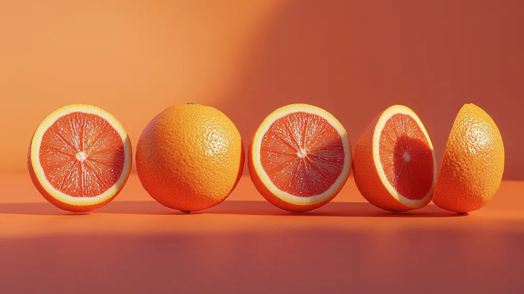 Five oranges are arranged on a vibrant orange background. Two are halved, revealing their juicy, reddish-orange interiors, while a whole orange sits between them. Another orange is also halved, and a final segment is separated, suggesting a fresh and zesty scene.  The lighting highlights the oranges' texture and color, creating a visually appealing still life.