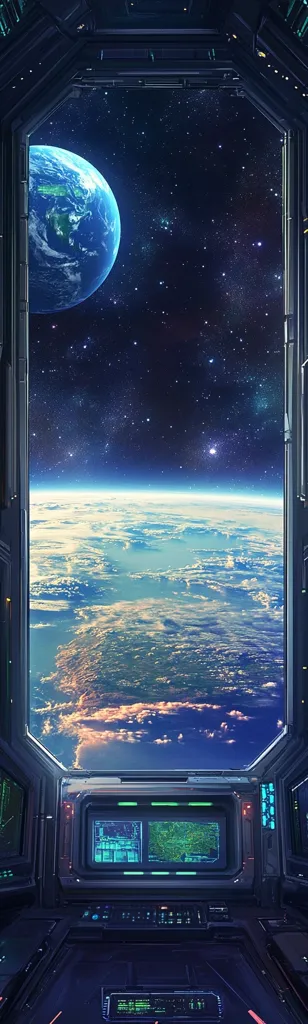 A spaceship's viewport reveals a breathtaking view of Earth from space.  A vibrant blue planet hangs in the inky blackness, speckled with stars. Below, a swirling mix of clouds and landmasses paint a stunning panorama of Earth's atmosphere.  Inside, a futuristic control panel displays navigational data, emphasizing the technological marvel of space travel. The image evokes a sense of wonder and adventure.