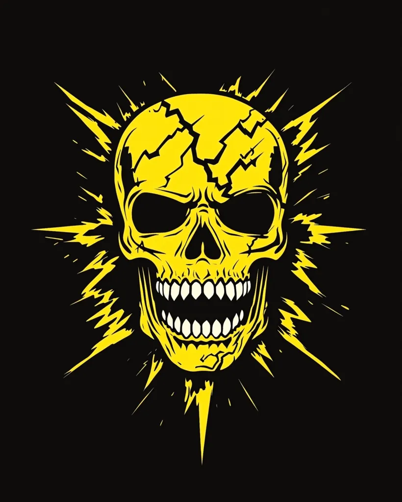 A vibrant yellow skull, fractured and cracked, is the centerpiece of this graphic design.  Surrounding the skull is a burst of jagged, lightning-like yellow lines against a stark black background. The skull's expression is one of a menacing grin, its teeth bared. The overall style is bold and edgy, reminiscent of a rock or metal album cover.