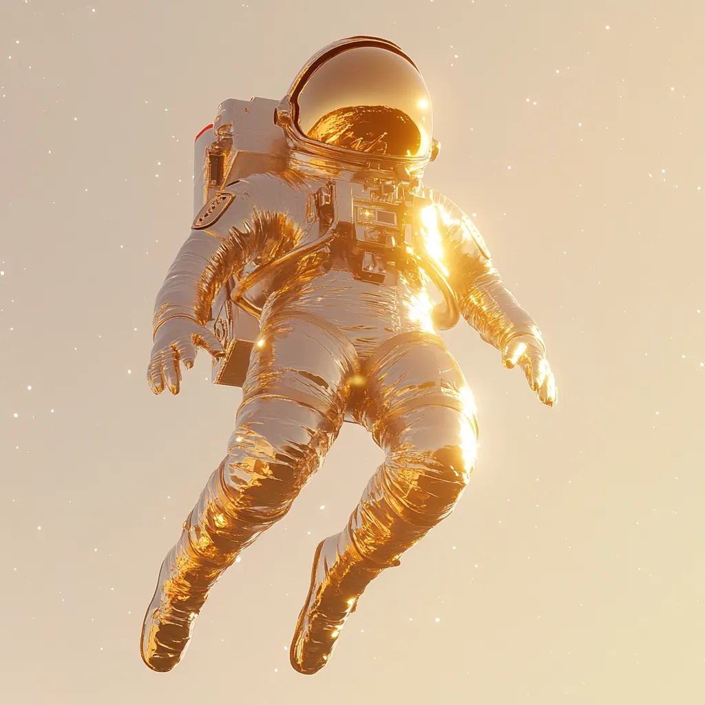 A golden astronaut floats in space, bathed in a warm, ethereal light.  The highly polished suit reflects the surrounding glow, creating a striking visual.  The astronaut's pose suggests a sense of weightlessness and tranquility amidst the cosmos.  Tiny sparkles, possibly stars or dust, pepper the background. The overall image is one of serene cosmic exploration.