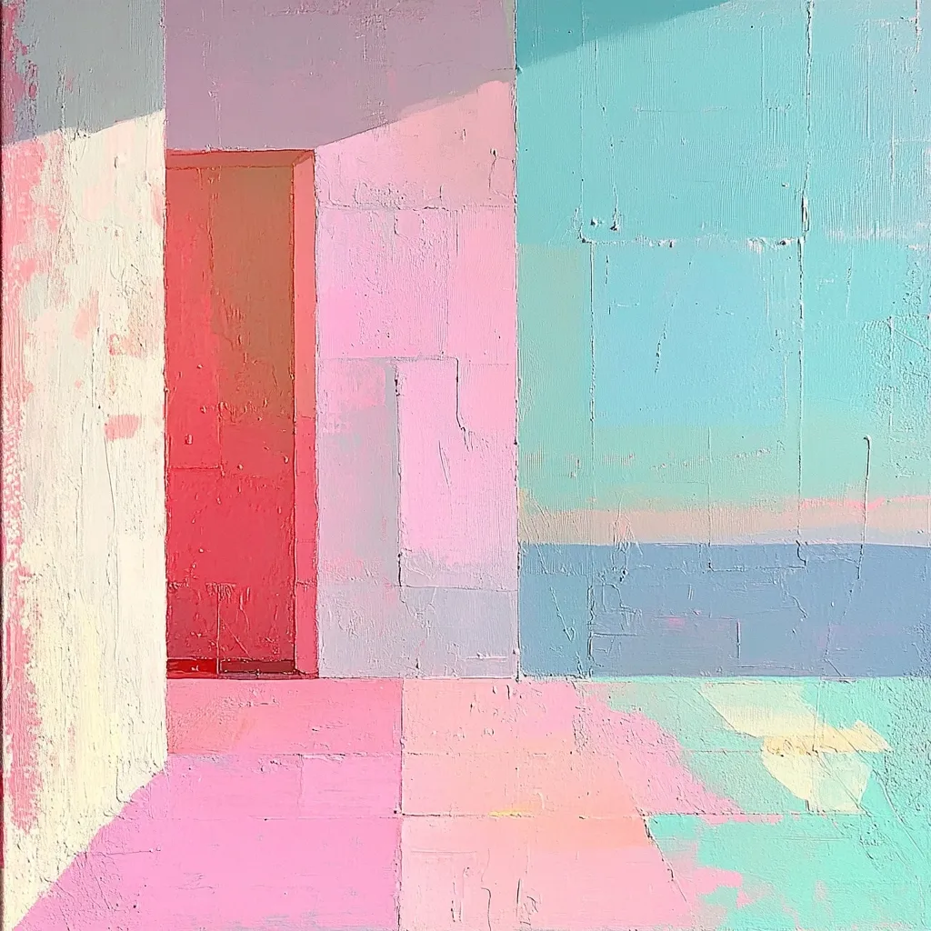 An abstract painting features a geometric composition of pastel colors.  Blocks of pink, light blue, and cream create a sense of depth and architectural suggestion. A coral-toned rectangular shape, possibly representing a doorway, is centrally positioned. The visible brushstrokes add texture, enhancing the overall soft and dreamy aesthetic. The artwork evokes a feeling of calm and tranquility.