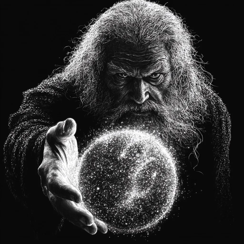 A black and white illustration depicts a powerful, aged wizard with long, flowing white hair and beard.  His intense gaze is fixed on a glowing, shimmering orb cradled in his outstretched hand. The orb radiates light and sparkles, suggesting magical energy. The wizard's expression is serious and foreboding, creating a mystical and dramatic atmosphere. The contrast between light and dark enhances the image's captivating intensity.